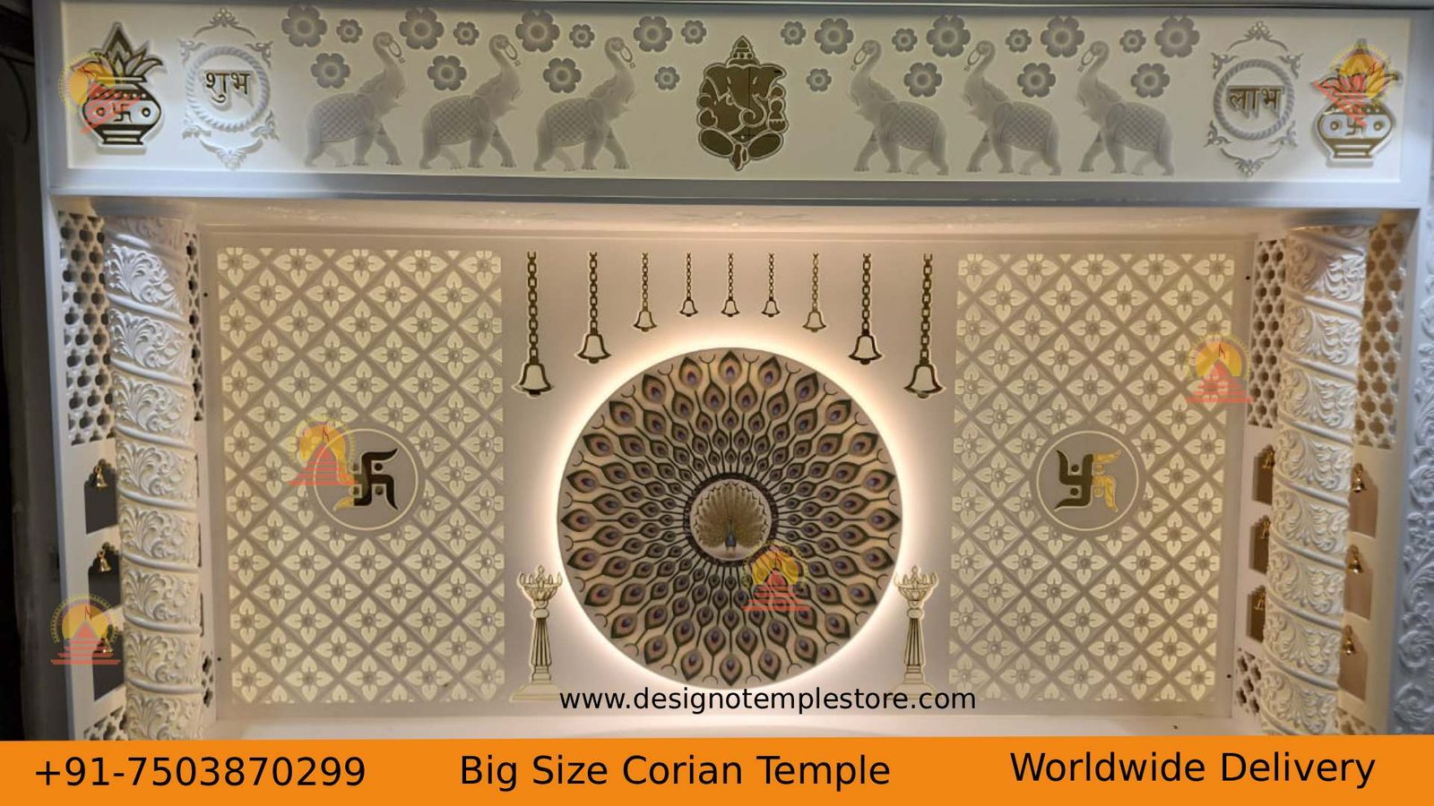 Om and Mor Pankh LAYER Big size Korian mandir with backlit 1- designotemplestore.com