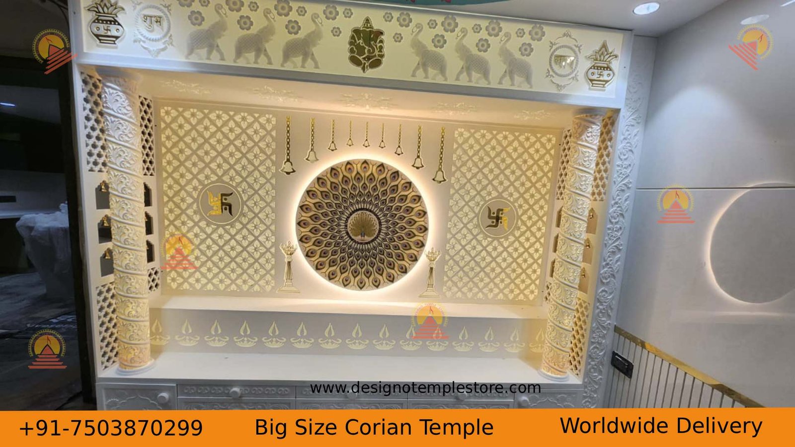 Om and Mor Pankh LAYER Big size corian mandir with backlit 2- designotemplestore.com
