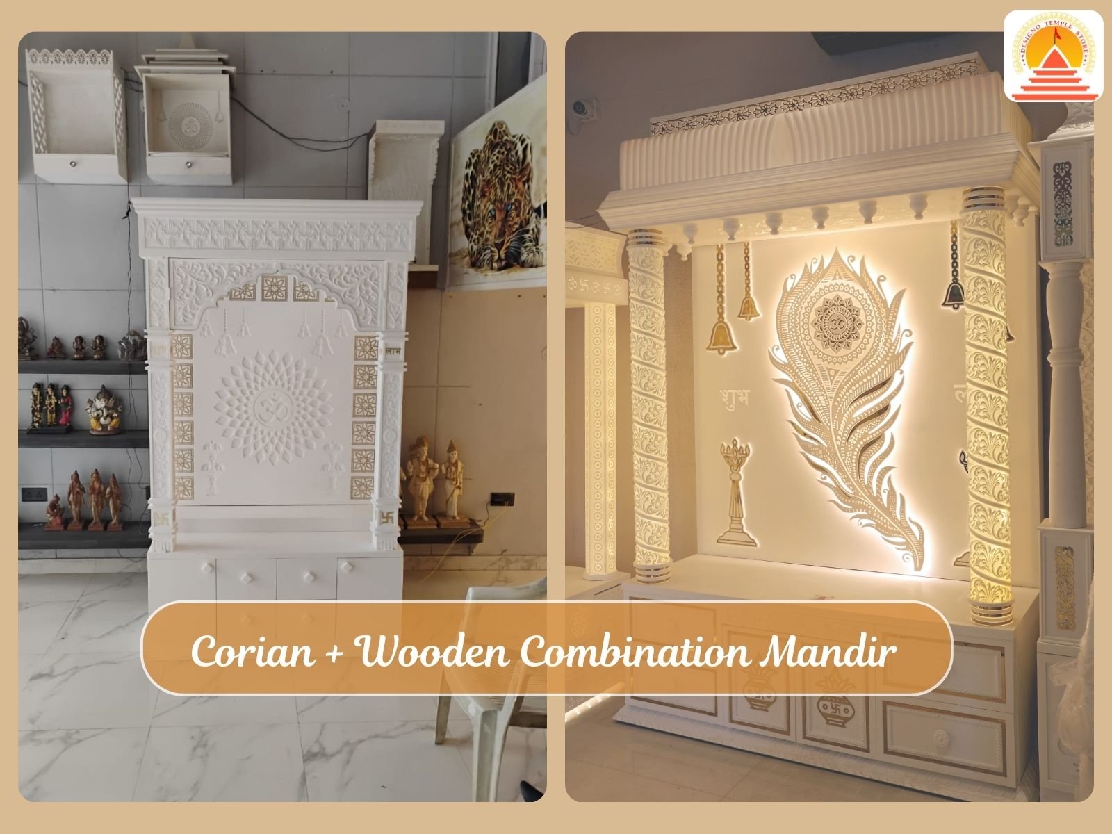 Hindu Temple Designs for Home Modern Corian Mandir Ideas 2025- designotemplestore.com