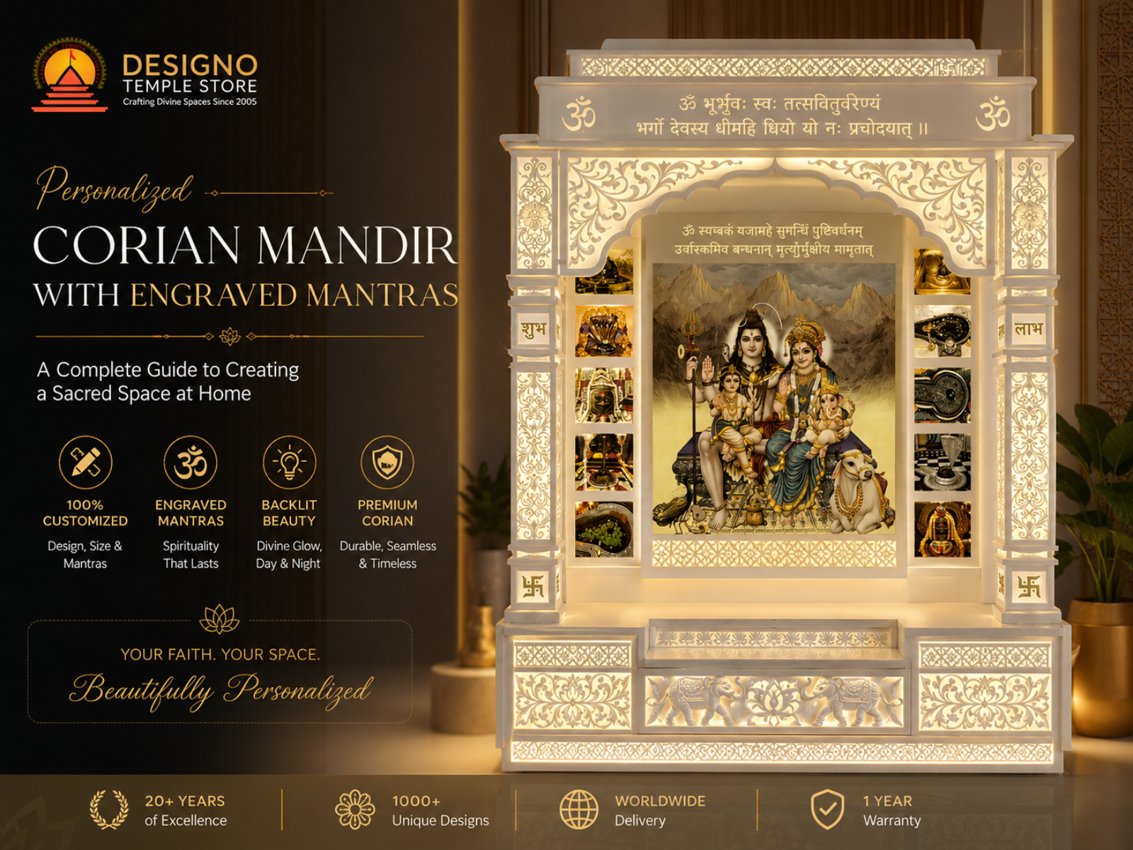 Personalized Corian Mandir with Engraved Mantras- designotemplestore